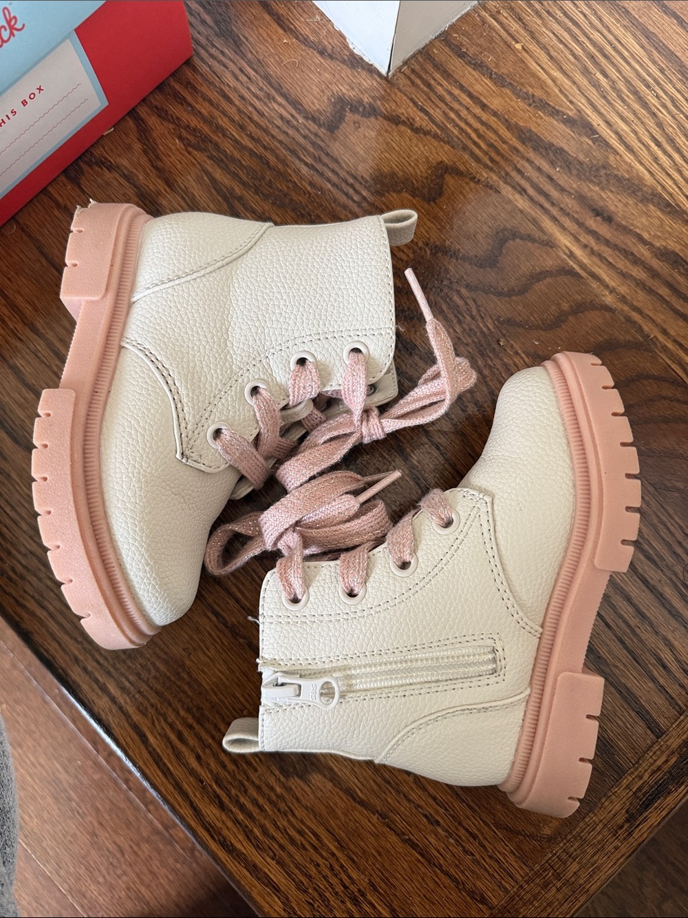 Cat & Jack Cream Boots with Pink Laces